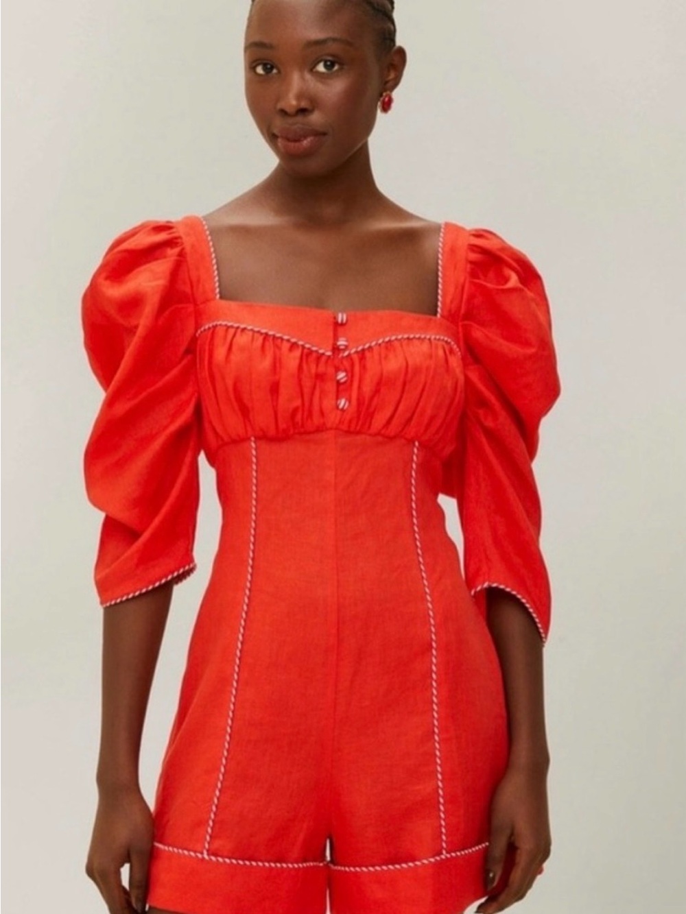 NWT Farm Rio Red puff sleeve linen romper